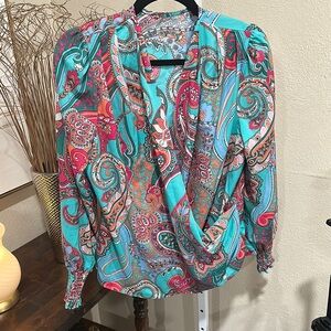 Blue and Pink Wrap Blouse with Long Sleeves